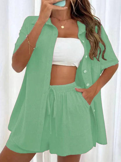 Womens Two Peice Sets Fashion Shorts Solid Color Shirts Set Short-sleeved Casual Loosesingle-breasted Women's 2 Piece Sets
