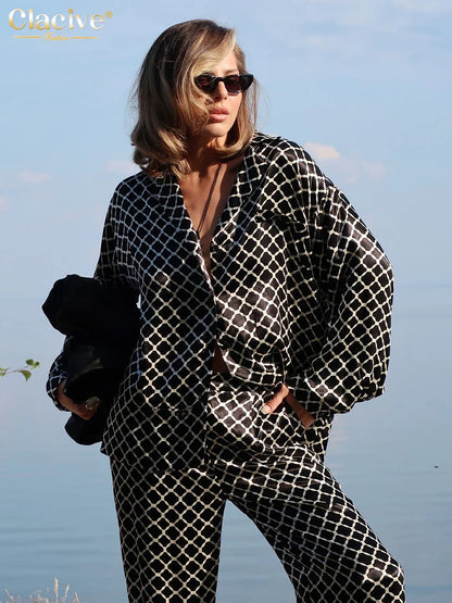 Women's Print Two Piece Set - Long Sleeve Shirt & Wide Pants