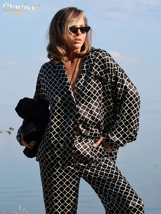 Women's Print Two Piece Set - Long Sleeve Shirt & Wide Pants