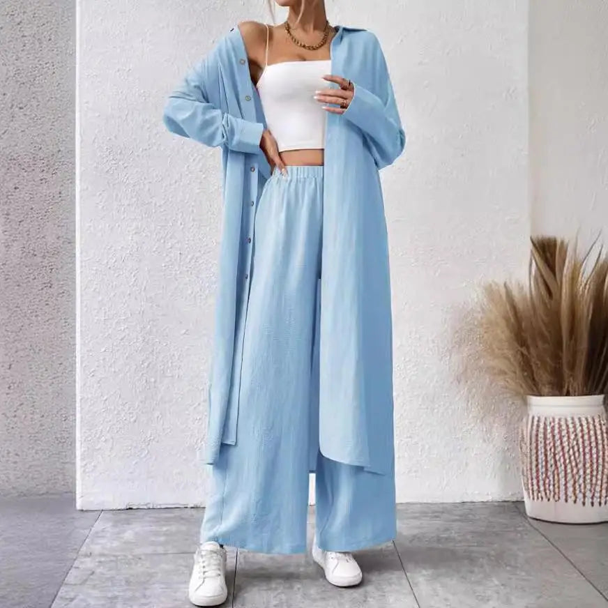 Two Piece Sets Women Solid Long Cardigan Full Sleeve Shirts Button Wide Leg Pants Suits Solid Loose Casual Lady Spring