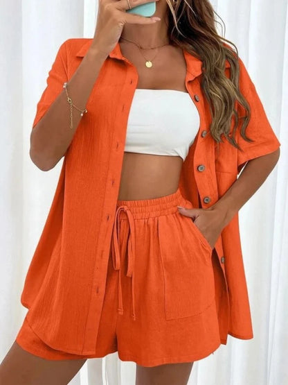 Womens Two Peice Sets Fashion Shorts Solid Color Shirts Set Short-sleeved Casual Loosesingle-breasted Women's 2 Piece Sets