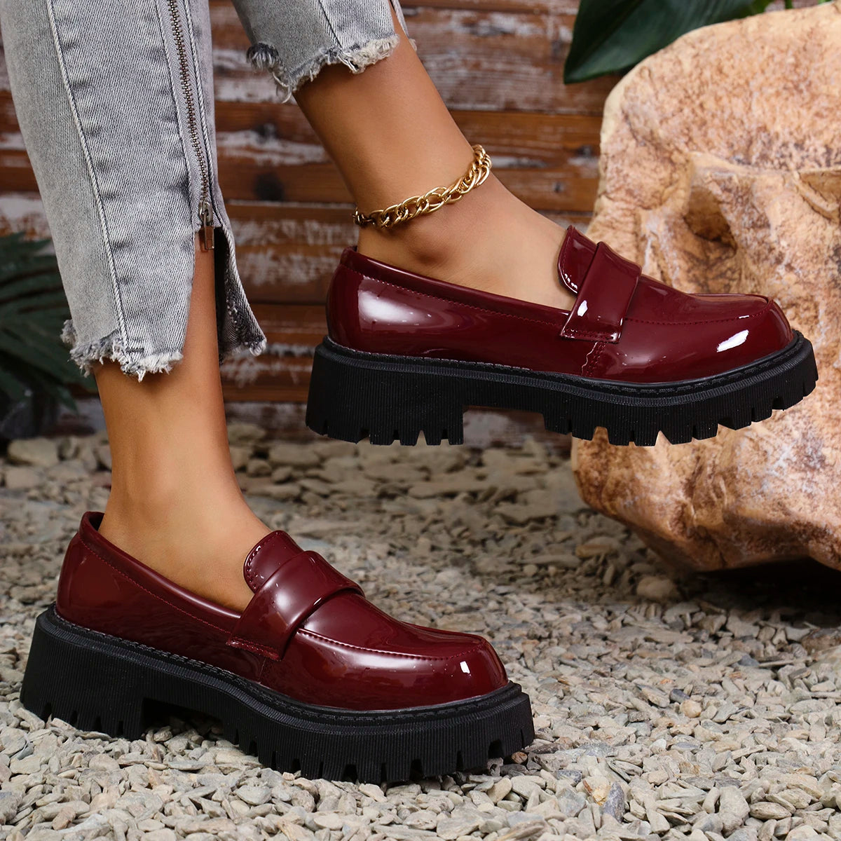 Women Thick Sole Comfortable Platform Loafers, Black, Spring/Autumn, British Style